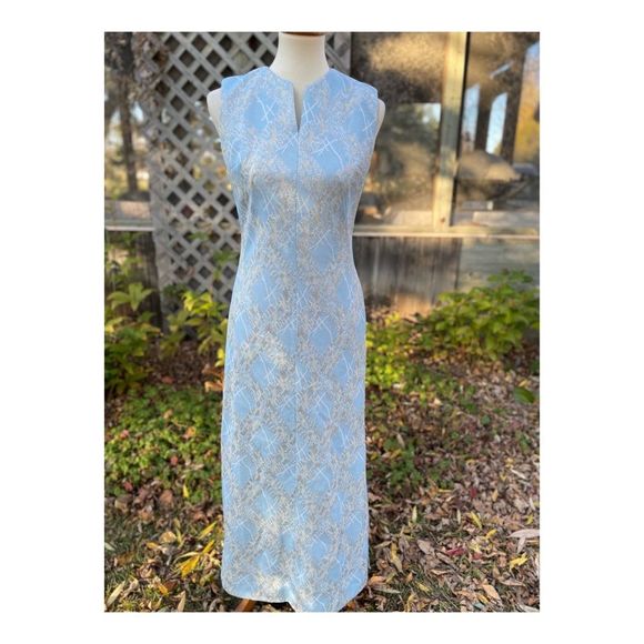 Vintage 50s Metallic Ice Blue Formal Gown Dress Maxi Silver Threads Cheongsam - Picture 5 of 14